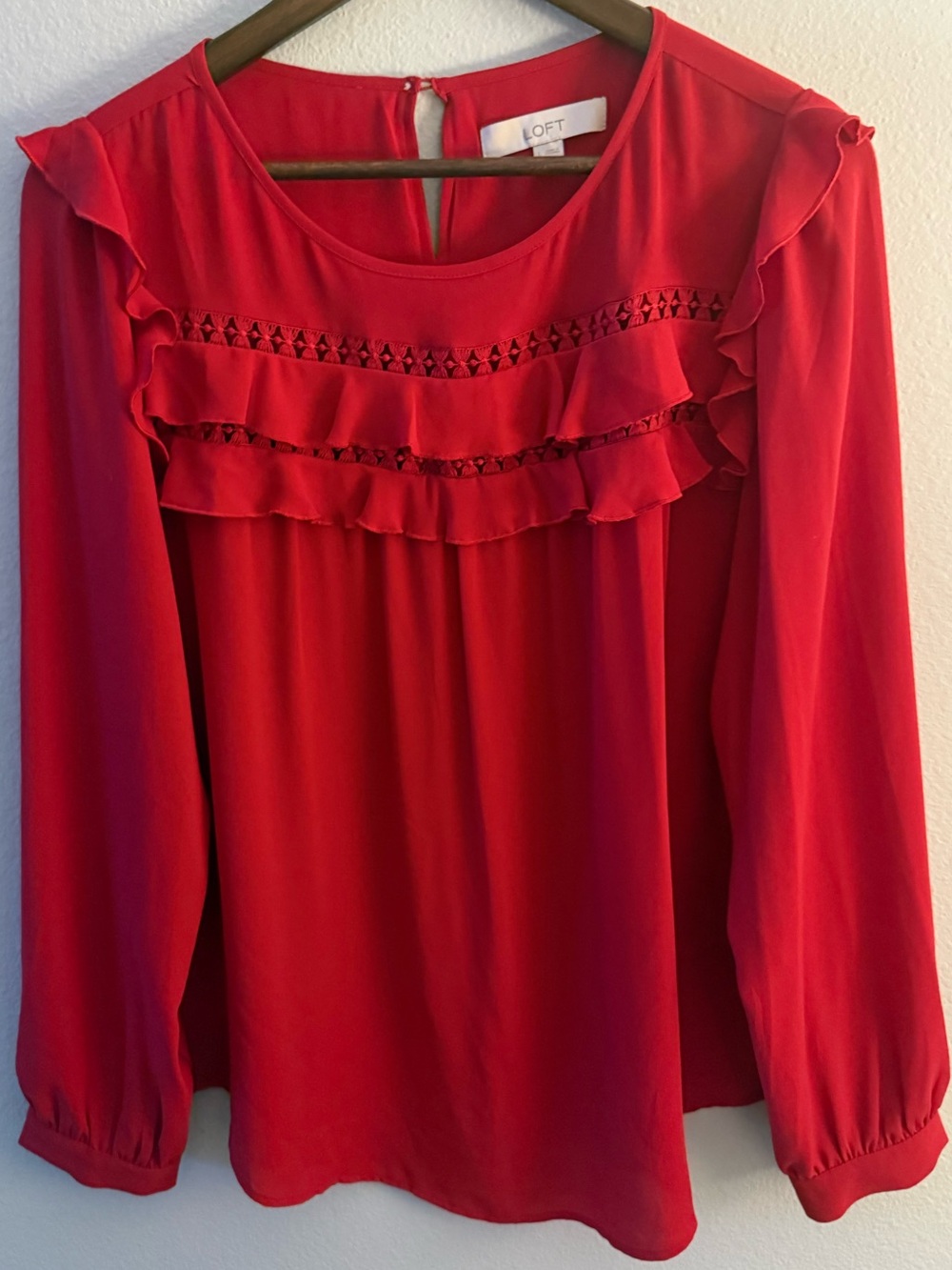 LOFT Red Ruffle-Trim Long Sleeve Blouse